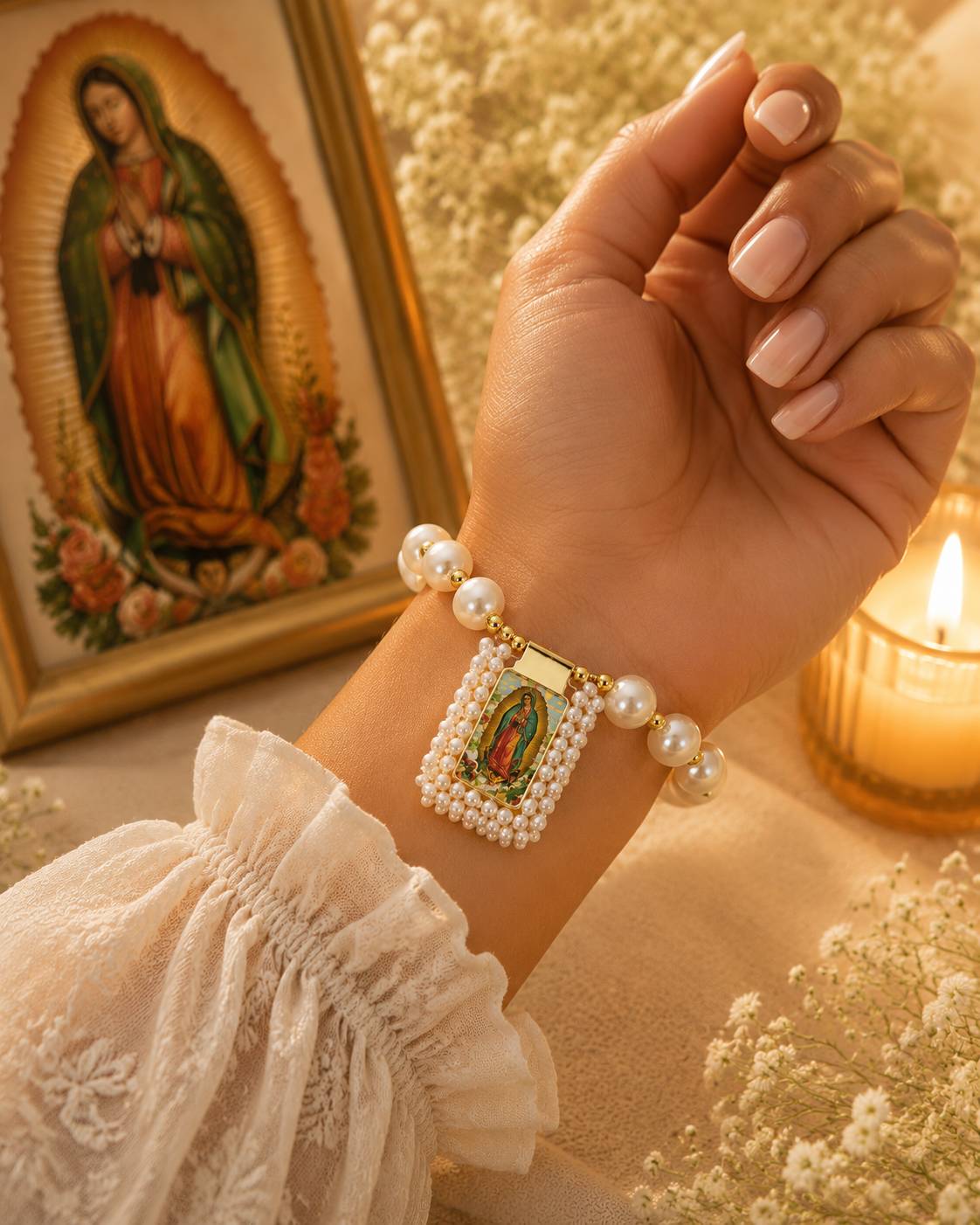 Virgin of Guadalupe Pearl Bracelet – Adjustable Handmade Faith Jewelry