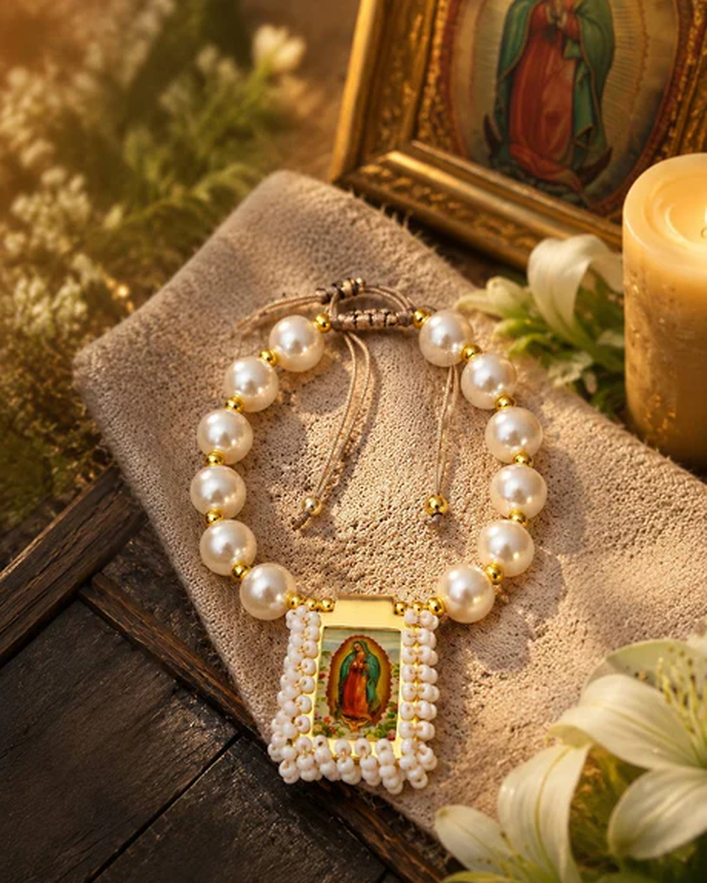Virgin of Guadalupe Pearl Bracelet – Adjustable Handmade Faith Jewelry