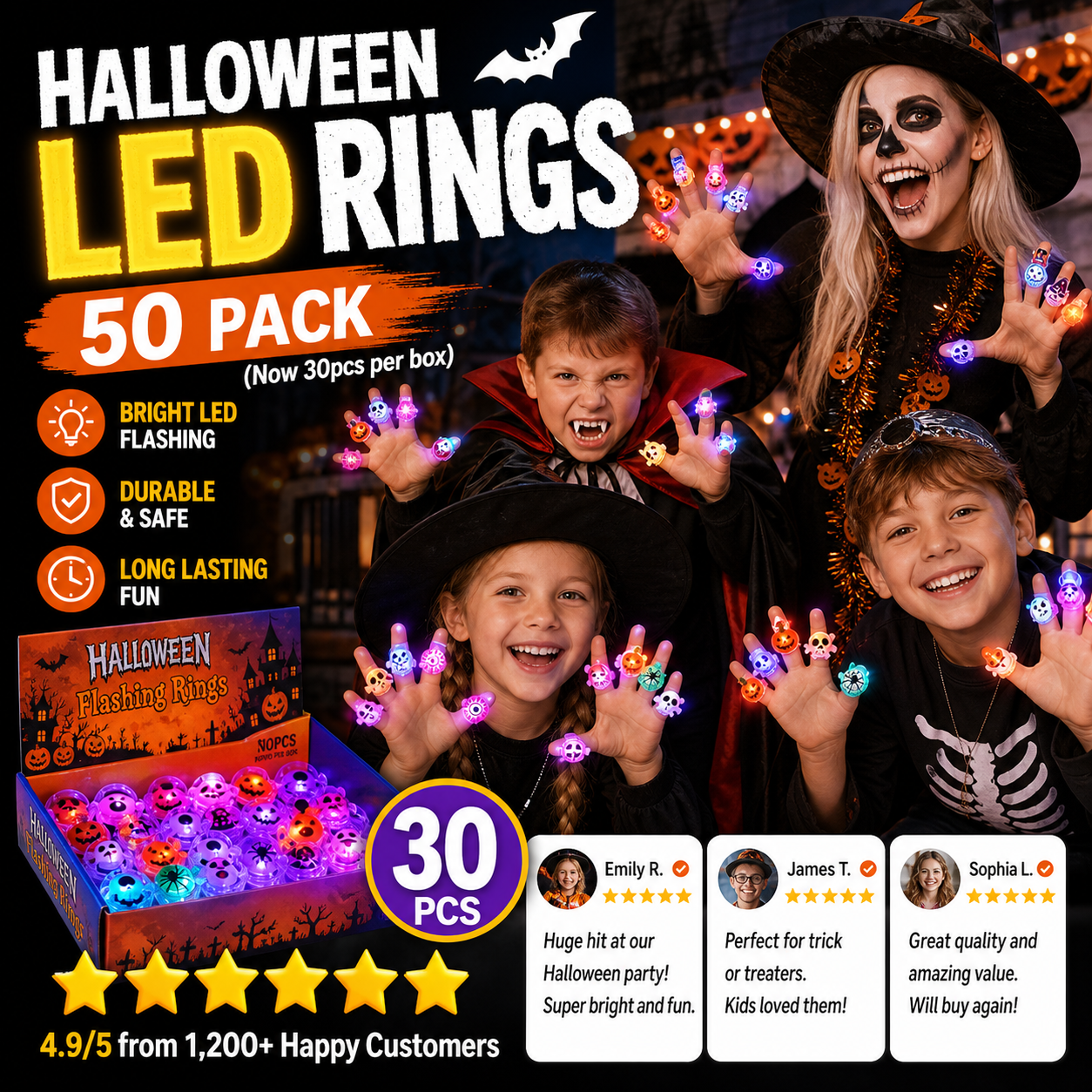 🔥🎃Spooky Season Hot Sale 50% OFF:＄27.99‼️✨LED Light Halloween Glowing Ring 💍| Flashing Light‑Up Party Favor for Halloween Night👻