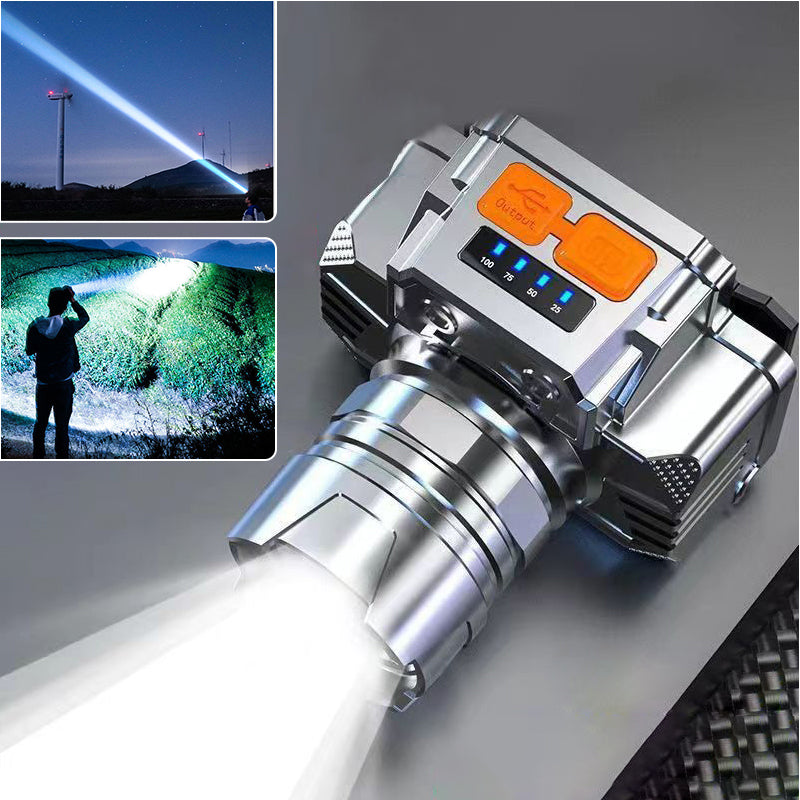 Silver rechargeable LED headlamp with focused beam