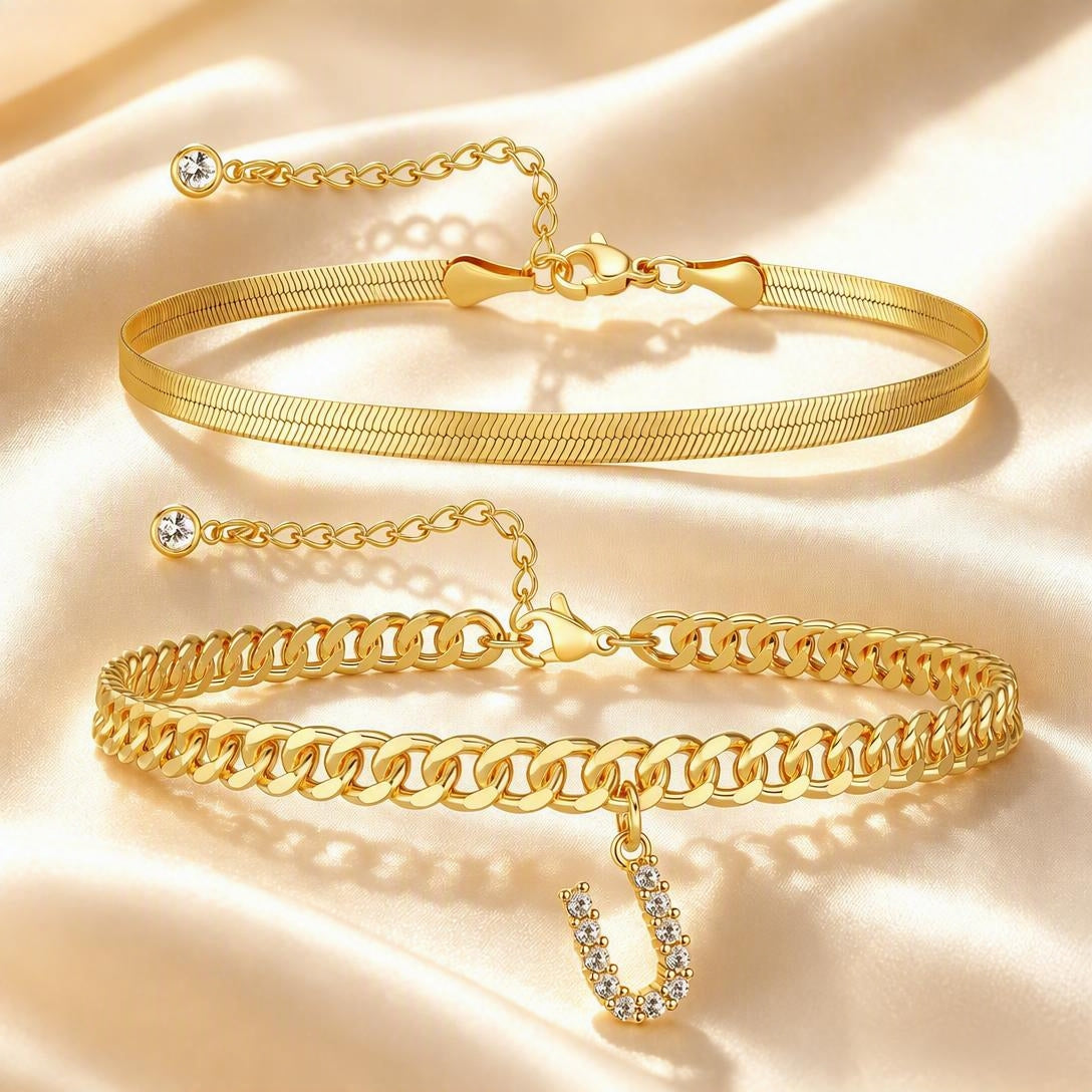 ✨ Gold Initial Anklet – 14K Gold Plated, Waterproof Adjustable Letter Pendant, Stackable Beach Jewelry