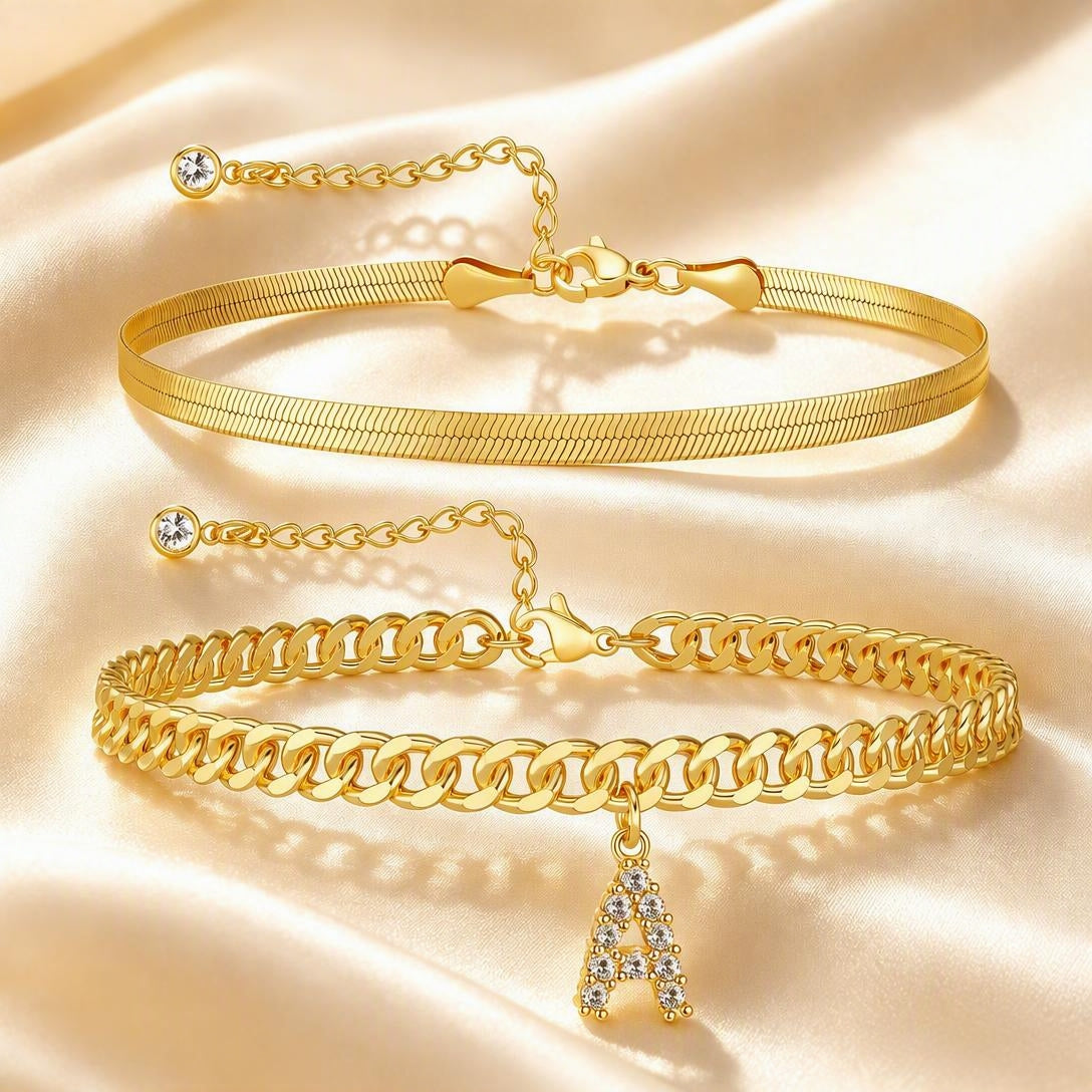 ✨ Gold Initial Anklet – 14K Gold Plated, Waterproof Adjustable Letter Pendant, Stackable Beach Jewelry