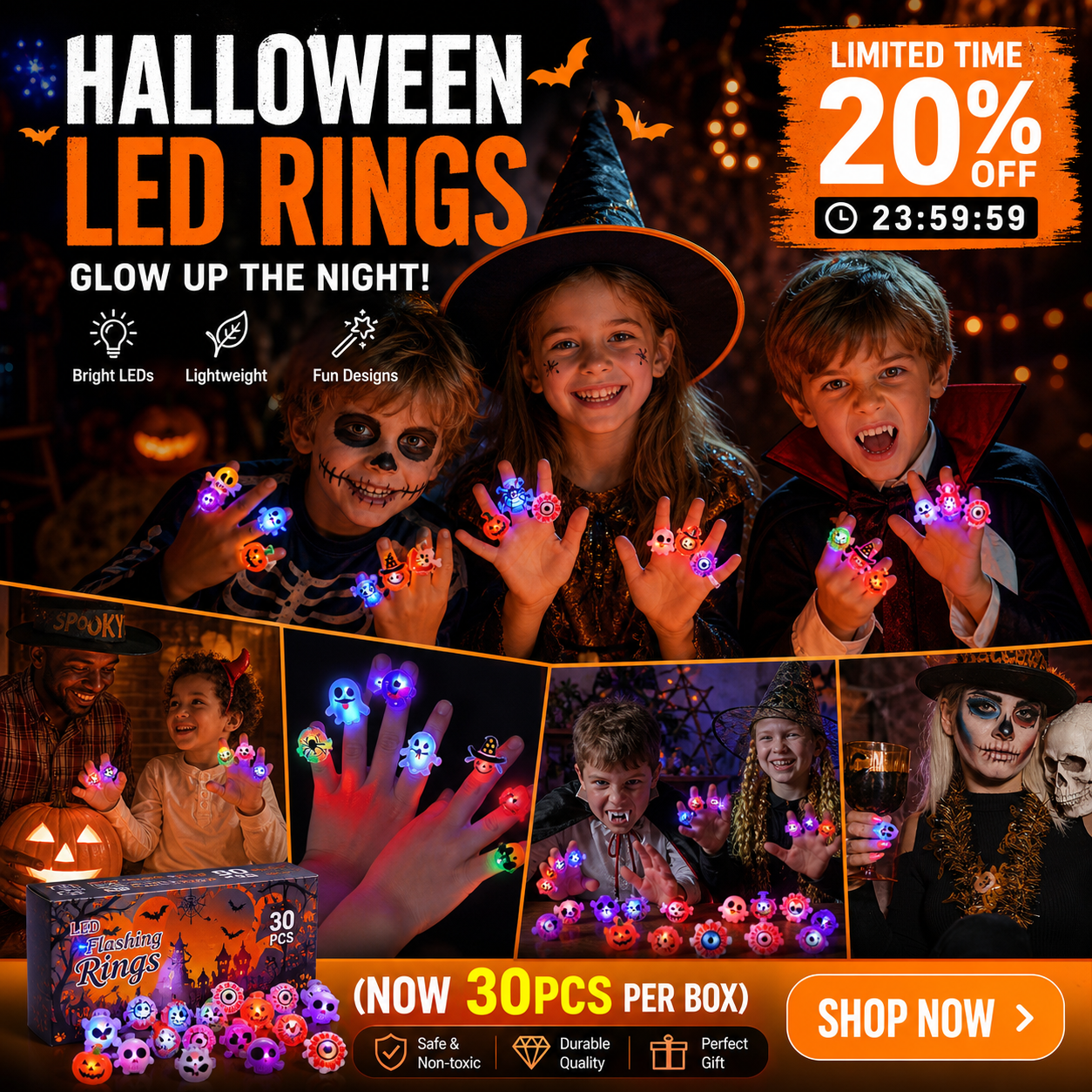 🔥🎃Spooky Season Hot Sale 50% OFF:＄27.99‼️✨LED Light Halloween Glowing Ring 💍| Flashing Light‑Up Party Favor for Halloween Night👻