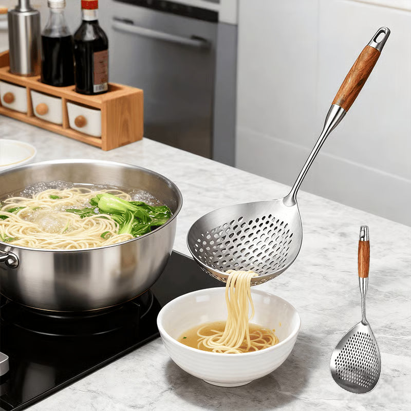 🔥 BUY 2 GET 1 FREE! 🥄 Premium Wooden Handle Stainless Steel Skimmer