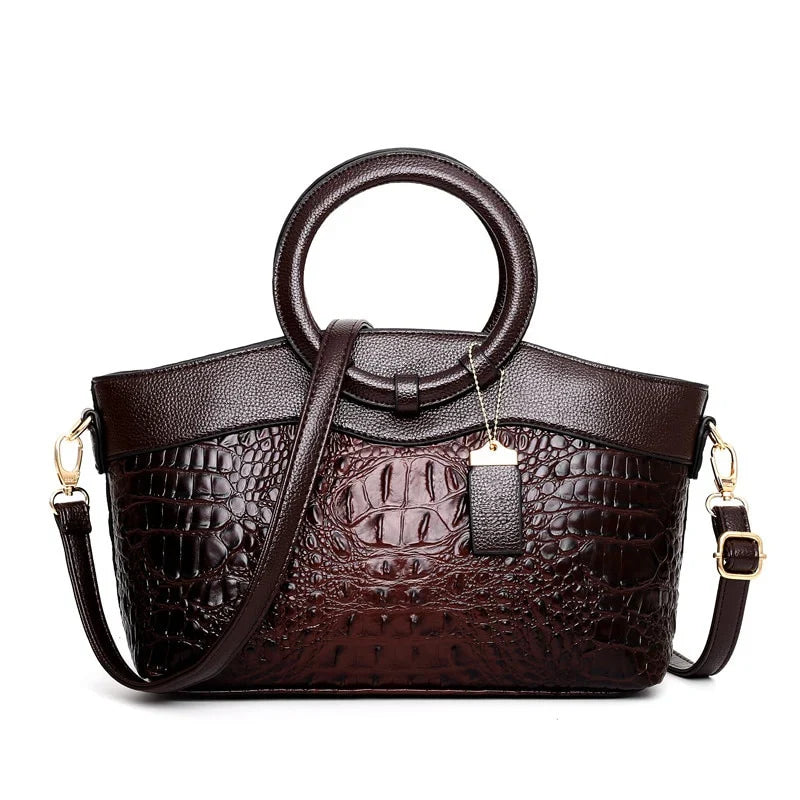 Women Croc Embossed Ring Handle Handbag